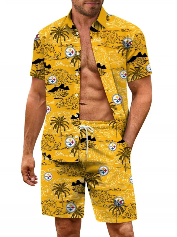 Pittsburgh Steelers Short Sleeves Button Up Hawaiian Shirt and Shorts Summer Set NRTHWS305