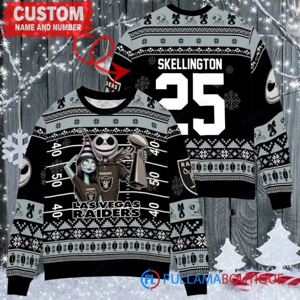 Las Vegas Raiders x Jack Skellington and Sally Xmas The Nightmare Before Christmas with Super Bowl Trophy Custom Ugly Christmas Sweater