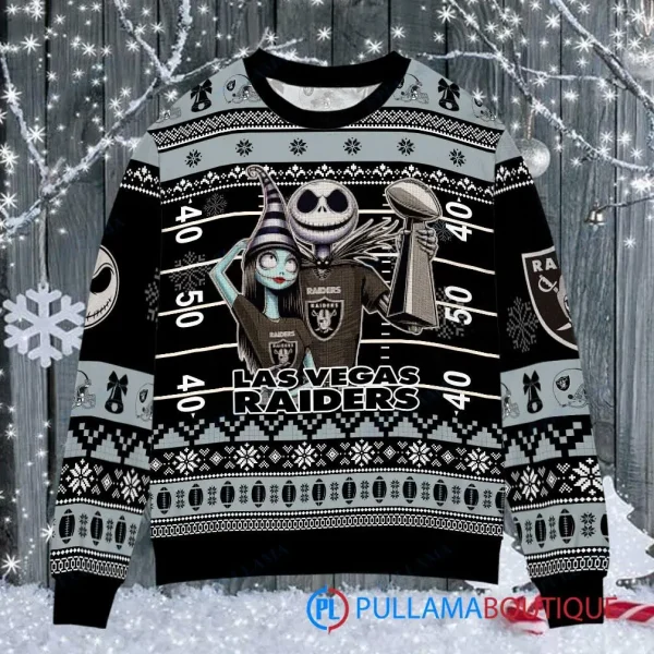 Las Vegas Raiders x Jack Skellington and Sally Xmas The Nightmare Before Christmas with Super Bowl Trophy Custom Ugly Christmas Sweater - Image 2