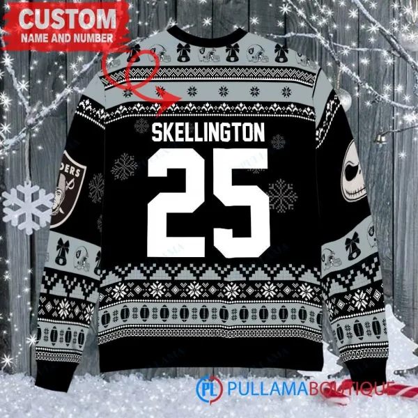 Las Vegas Raiders x Jack Skellington and Sally Xmas The Nightmare Before Christmas with Super Bowl Trophy Custom Ugly Christmas Sweater - Image 3