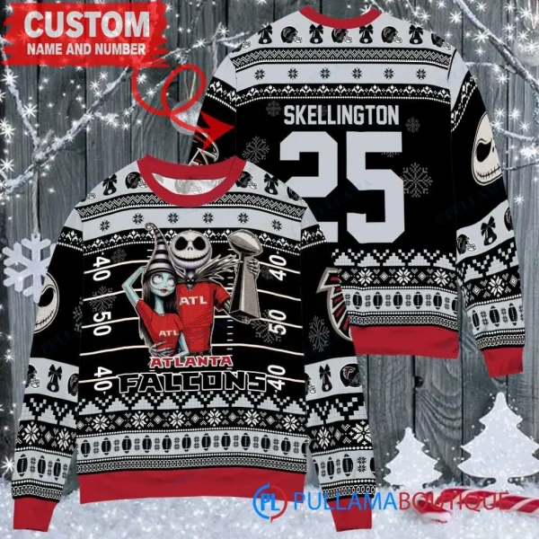 Atlanta Falcons x Jack Skellington and Sally Xmas The Nightmare Before Christmas with Super Bowl Trophy Custom Ugly Christmas Sweater