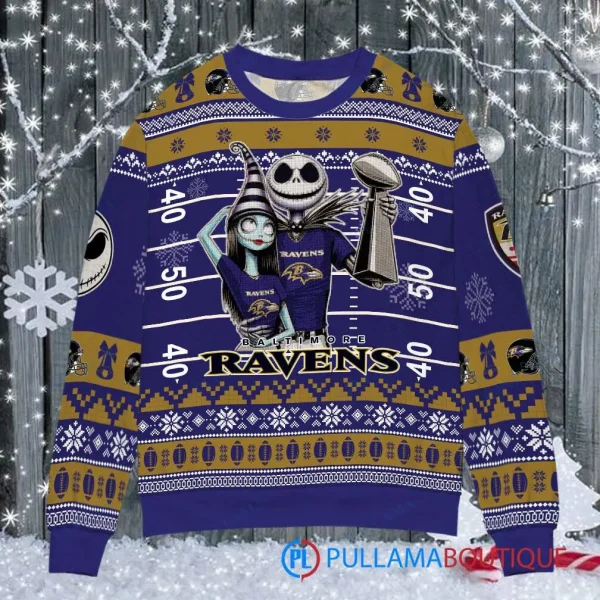 Baltimore Ravens x Jack Skellington and Sally Xmas The Nightmare Before Christmas with Super Bowl Trophy Custom Ugly Christmas Sweater - Image 2