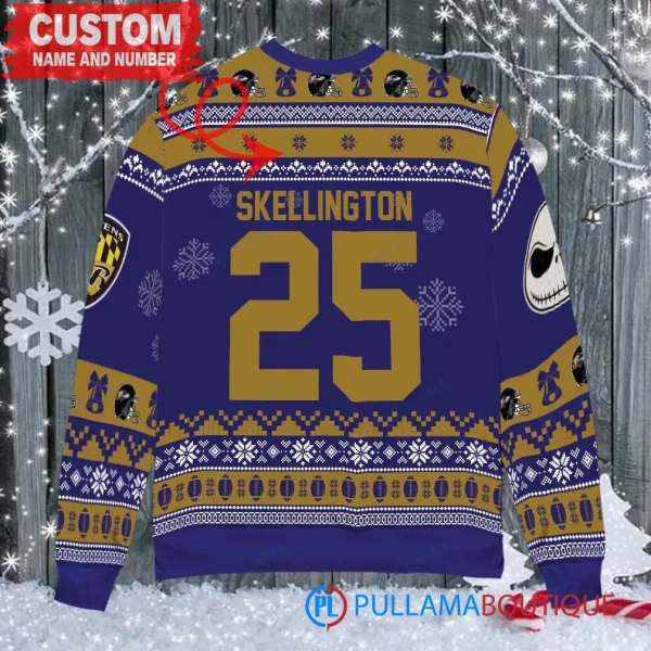 Baltimore Ravens x Jack Skellington and Sally Xmas The Nightmare Before Christmas with Super Bowl Trophy Custom Ugly Christmas Sweater - Image 3