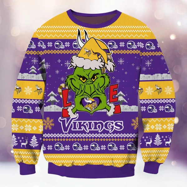 Minnesota Vikings NFL Grinch Love Knitted Sweater BGSWT992 - Image 2